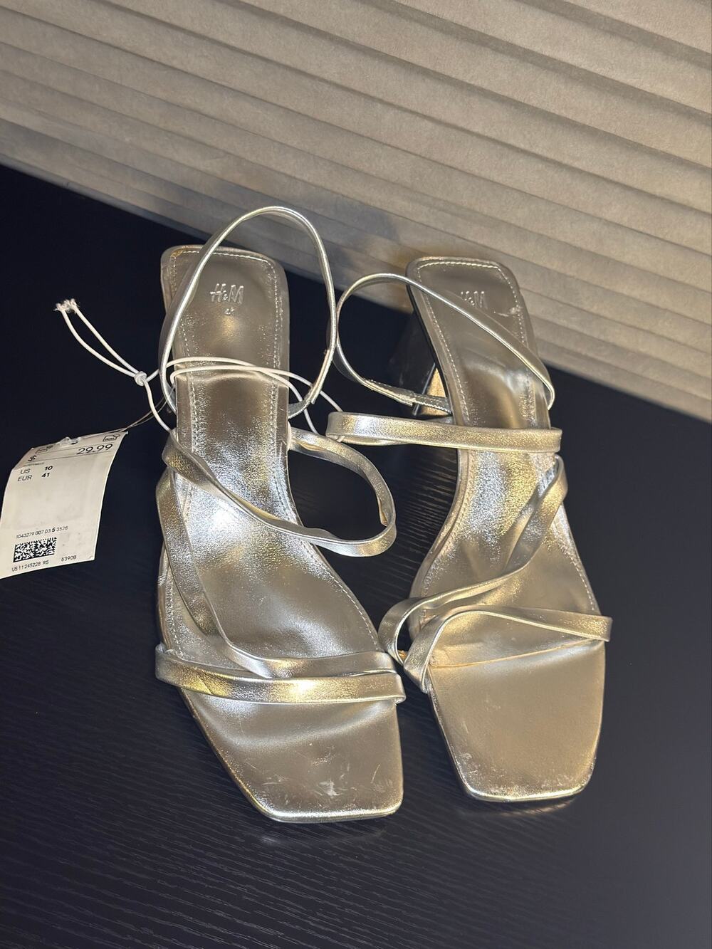 H&M Silver Metallic Strappy Square Toe Block Heel Sandals Women’s 10 EU 41
